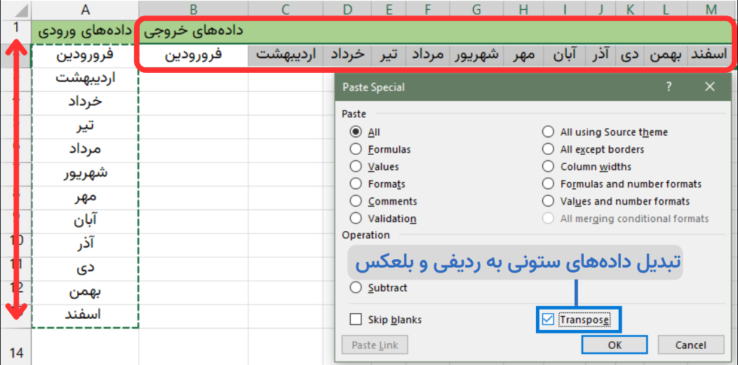 مثال برای جدول paste special