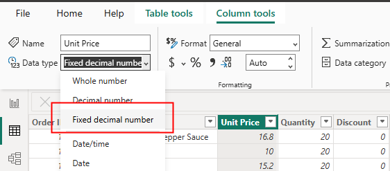 دیتا تایپ Fixed decimal در Power BI