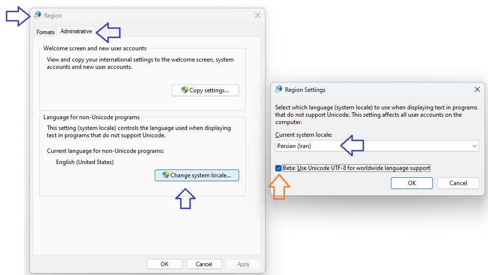 تنظیم control panel ویندوز برای نمایش صحیح کاراکترهای فارسی در VBA