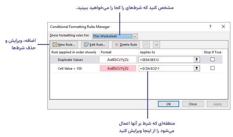 پنجره مدیریت conditional formatting