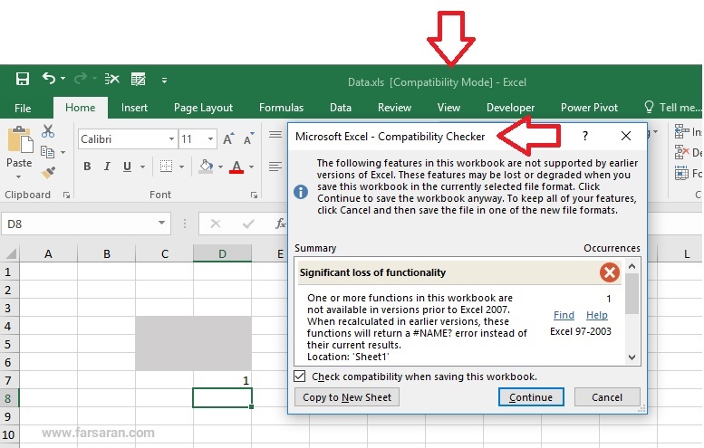 پیغام compatibility mode اکسل در هنگام ذخیره کردن فایل