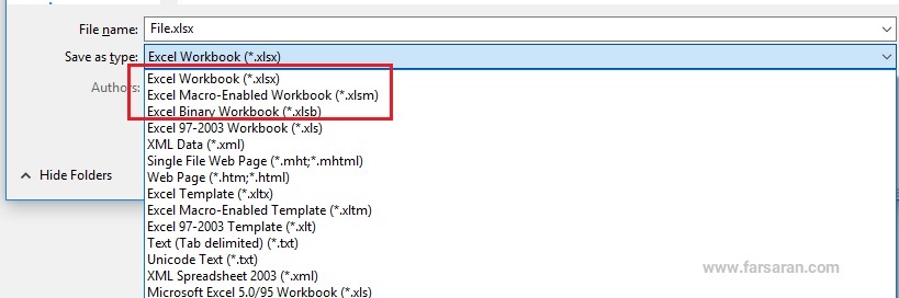 فرمت های ذخیره کردن فایل در اکسل xlsx , xls