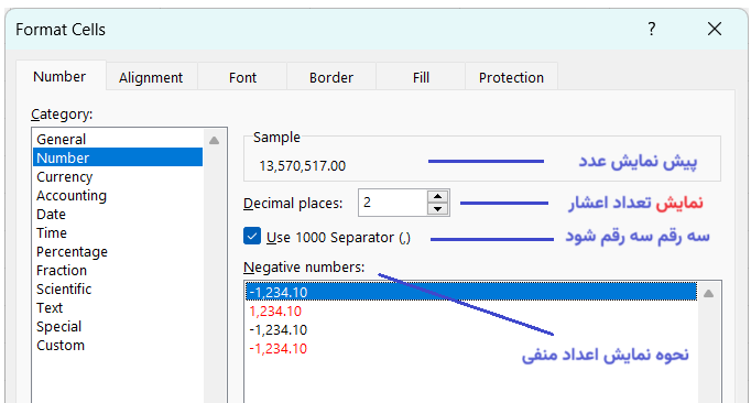 تنظیمات فرمت Number در اکسل